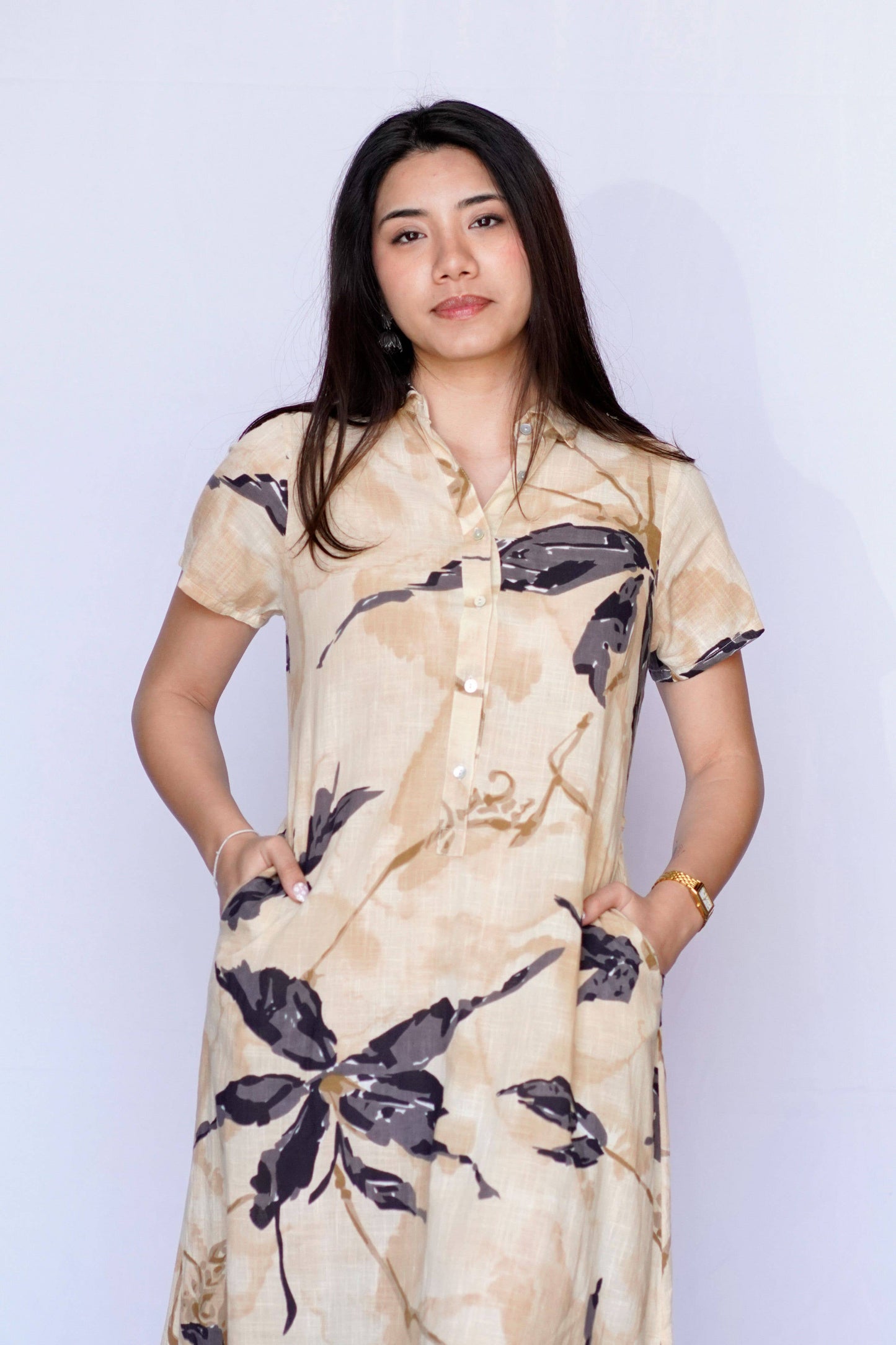 Sand Bloom Shirt Dress - Beige