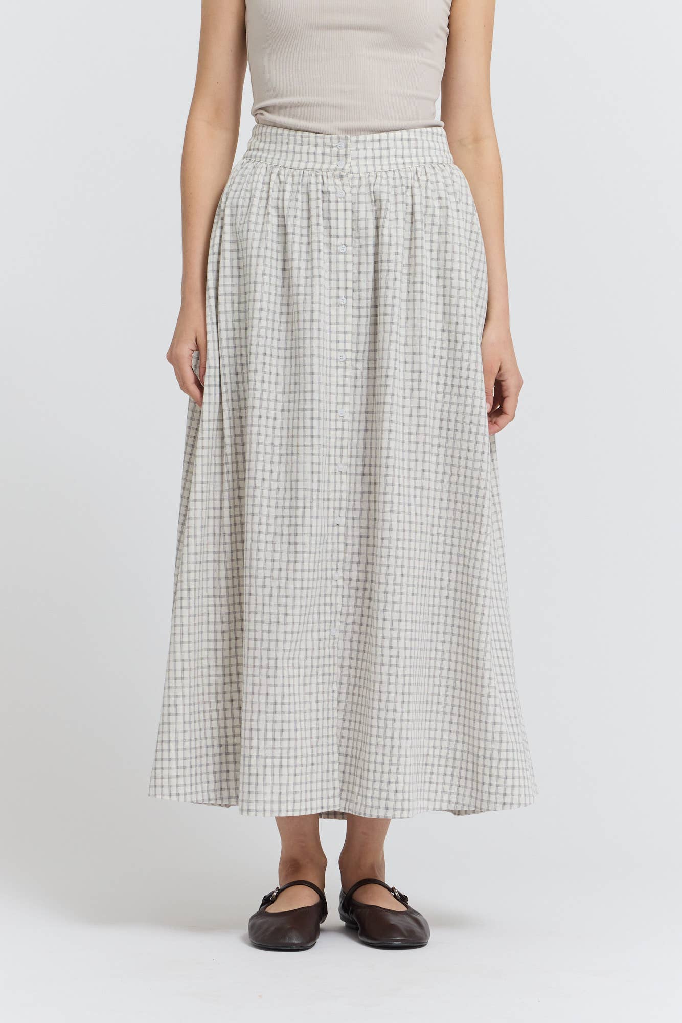 Plaid Button Trim Midi Skirt
