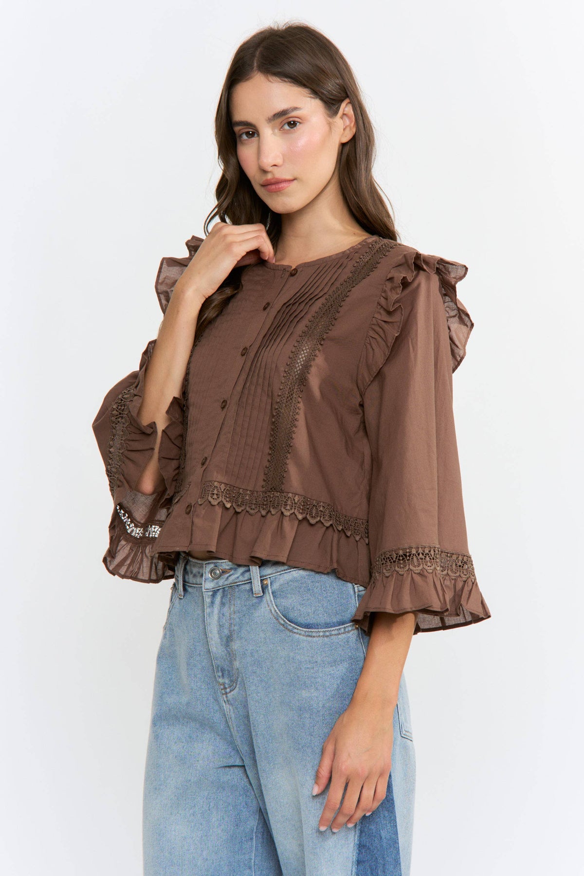 Ruffle Blouse with Lace Trim