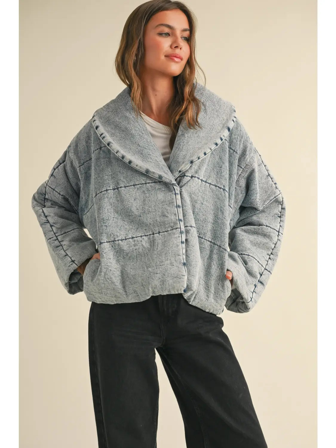 Quilted Tie to Close Denim Jacket