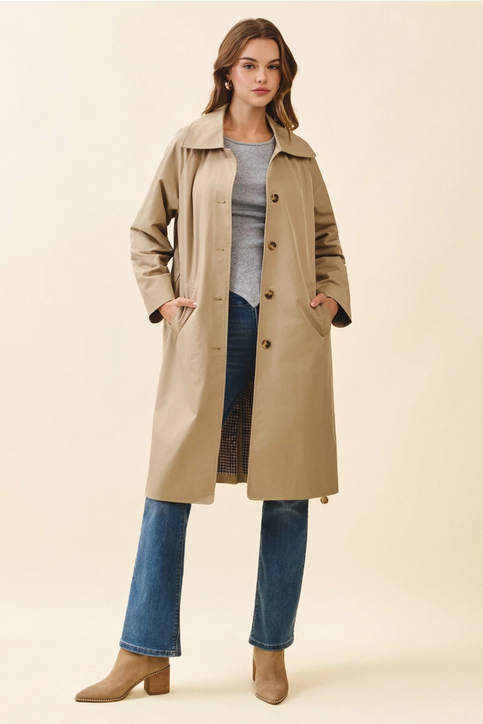 Longline Spread Collar Front Button Trench Coat