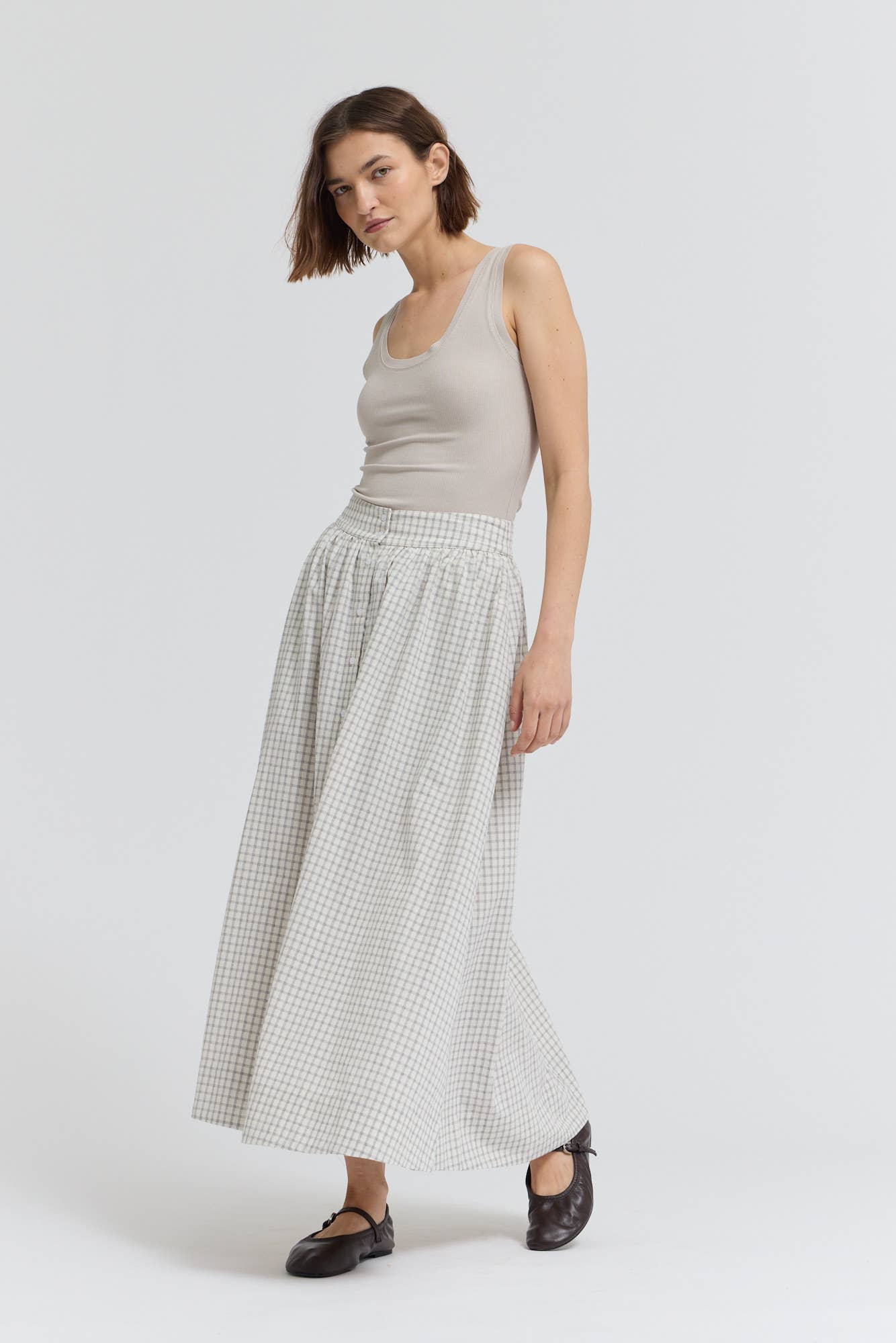 Plaid Button Trim Midi Skirt