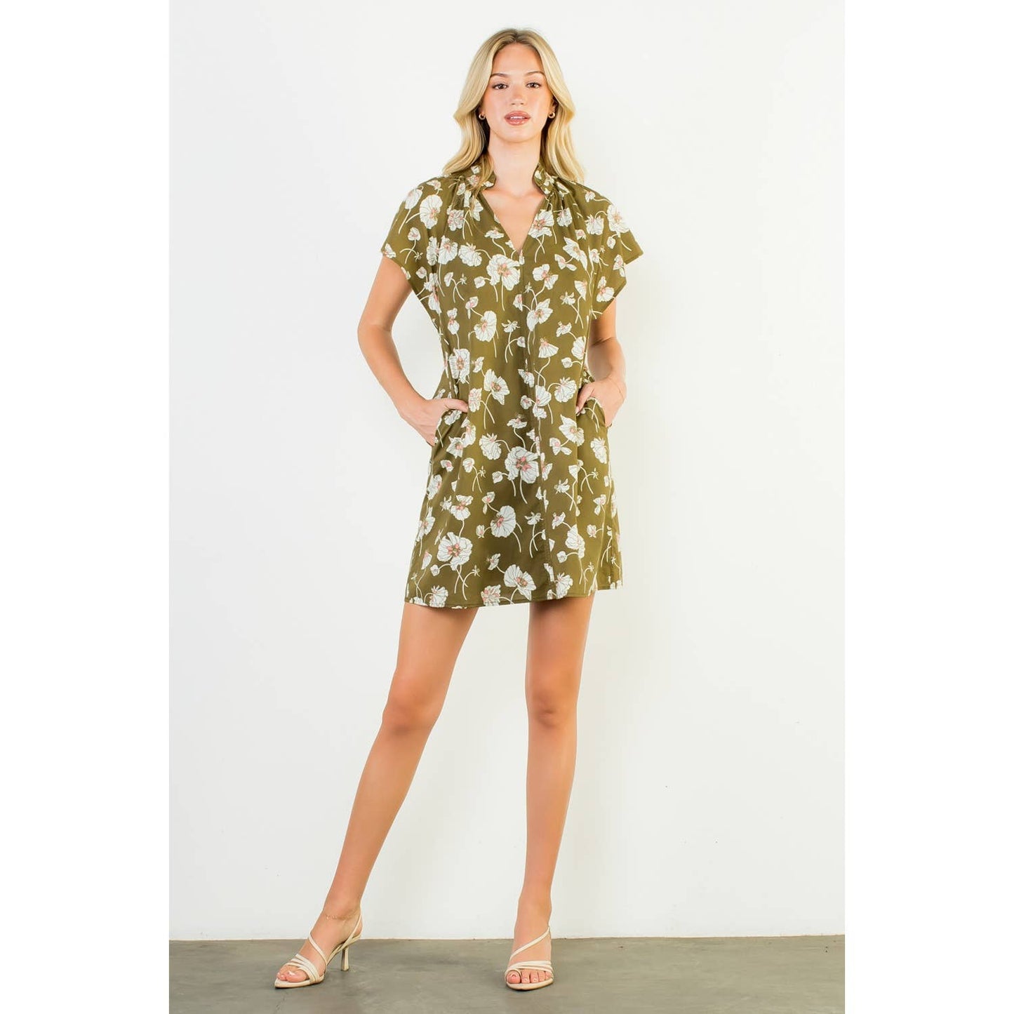 Floral V-Neck Dress- Olive