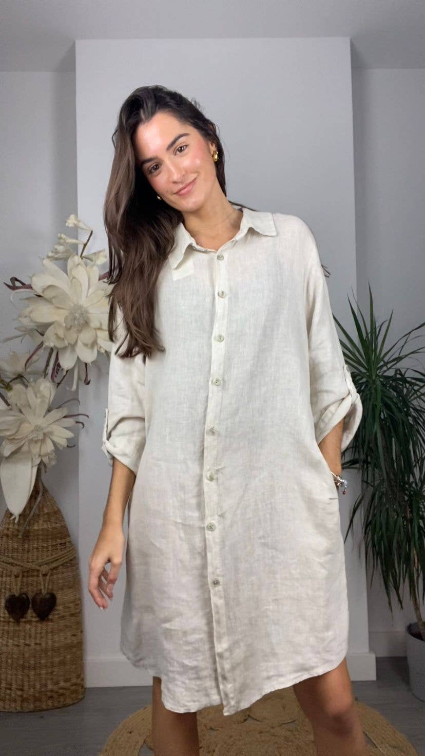 Ref-89075 SHORT SHIRT 100% LINEN: BEIGE