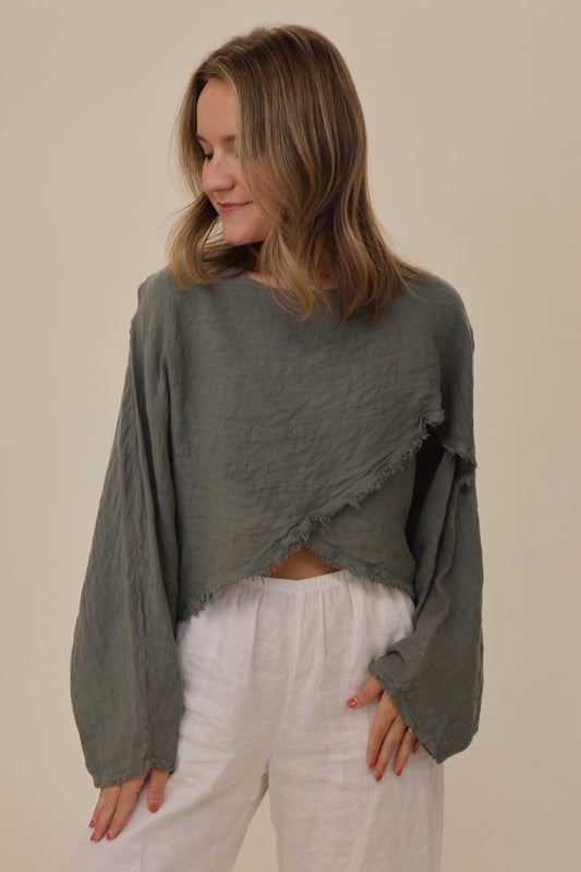 Crossover Blouse 100% Linen - Olive