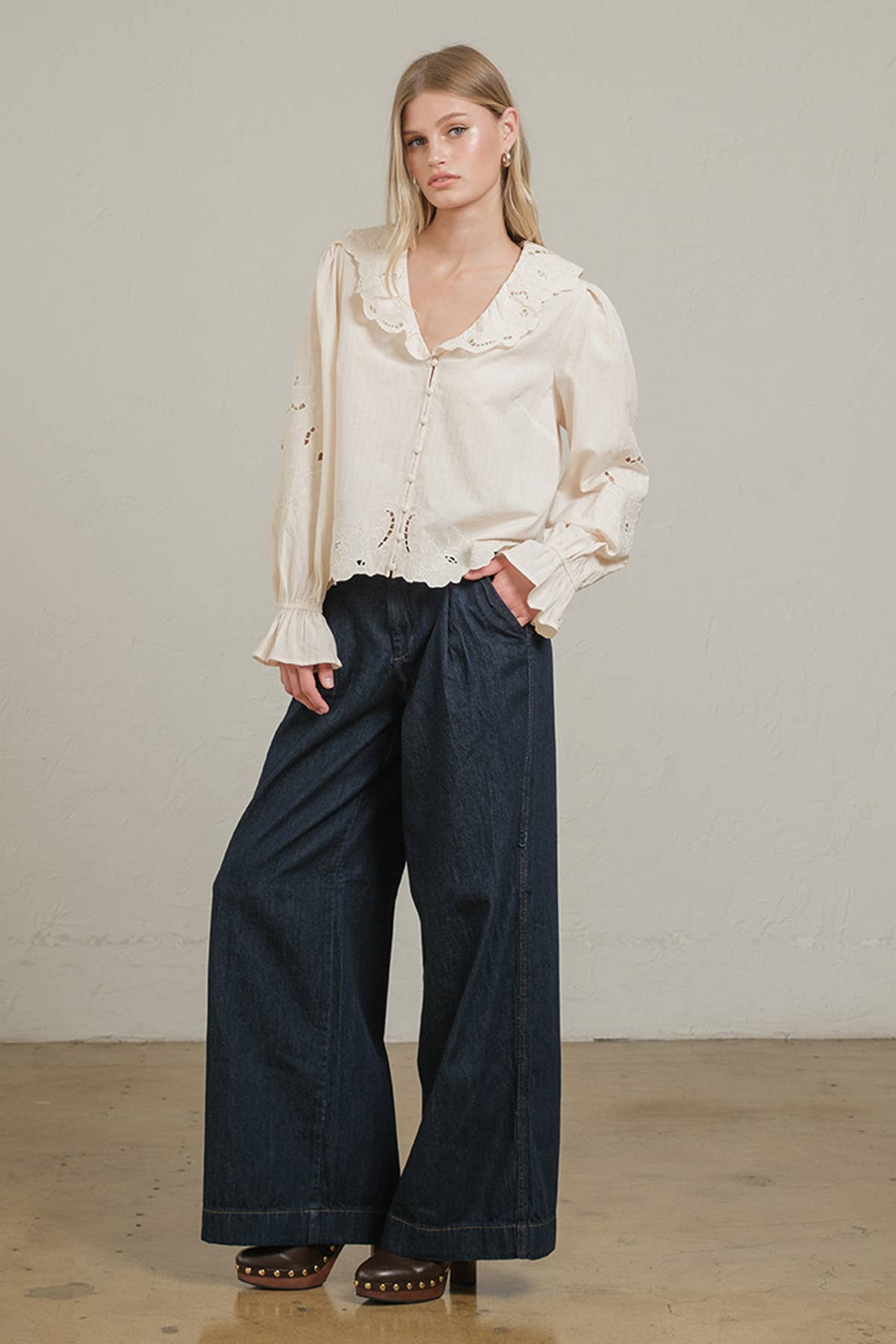 Embroidered Eyelet Collar Blouse