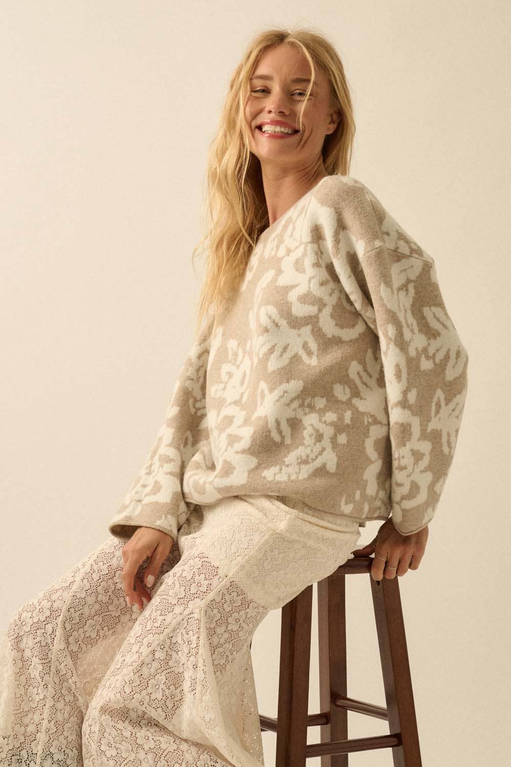 Floral Knit Sweater - Sand