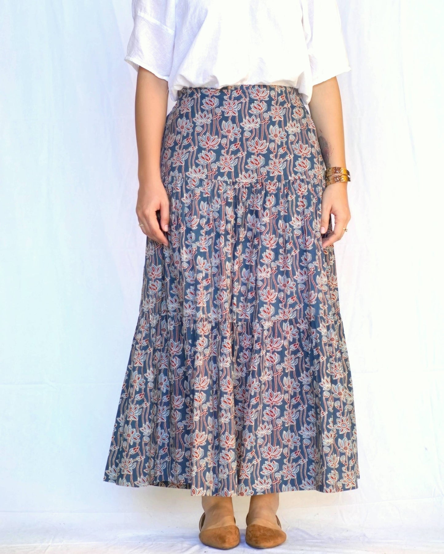 Printed Cotton Skirt in Indigo