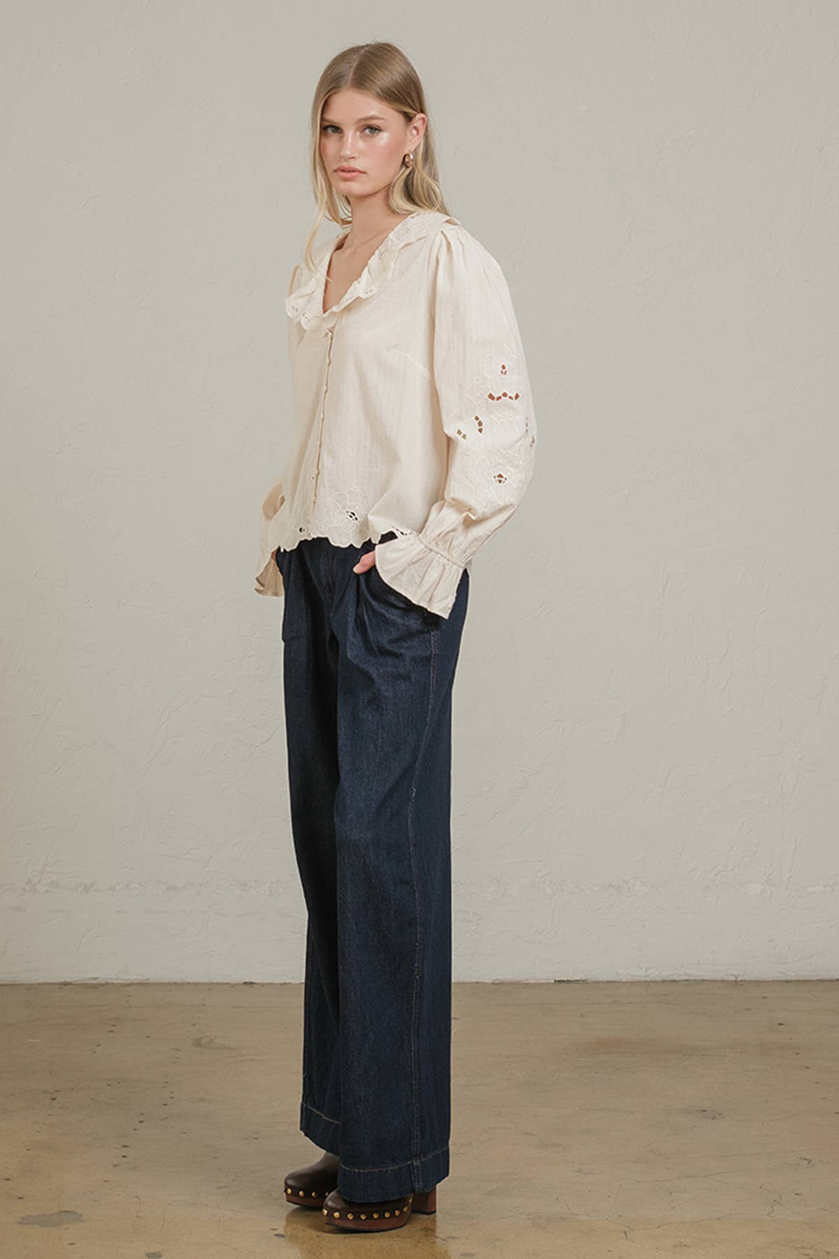 Embroidered Eyelet Collar Blouse