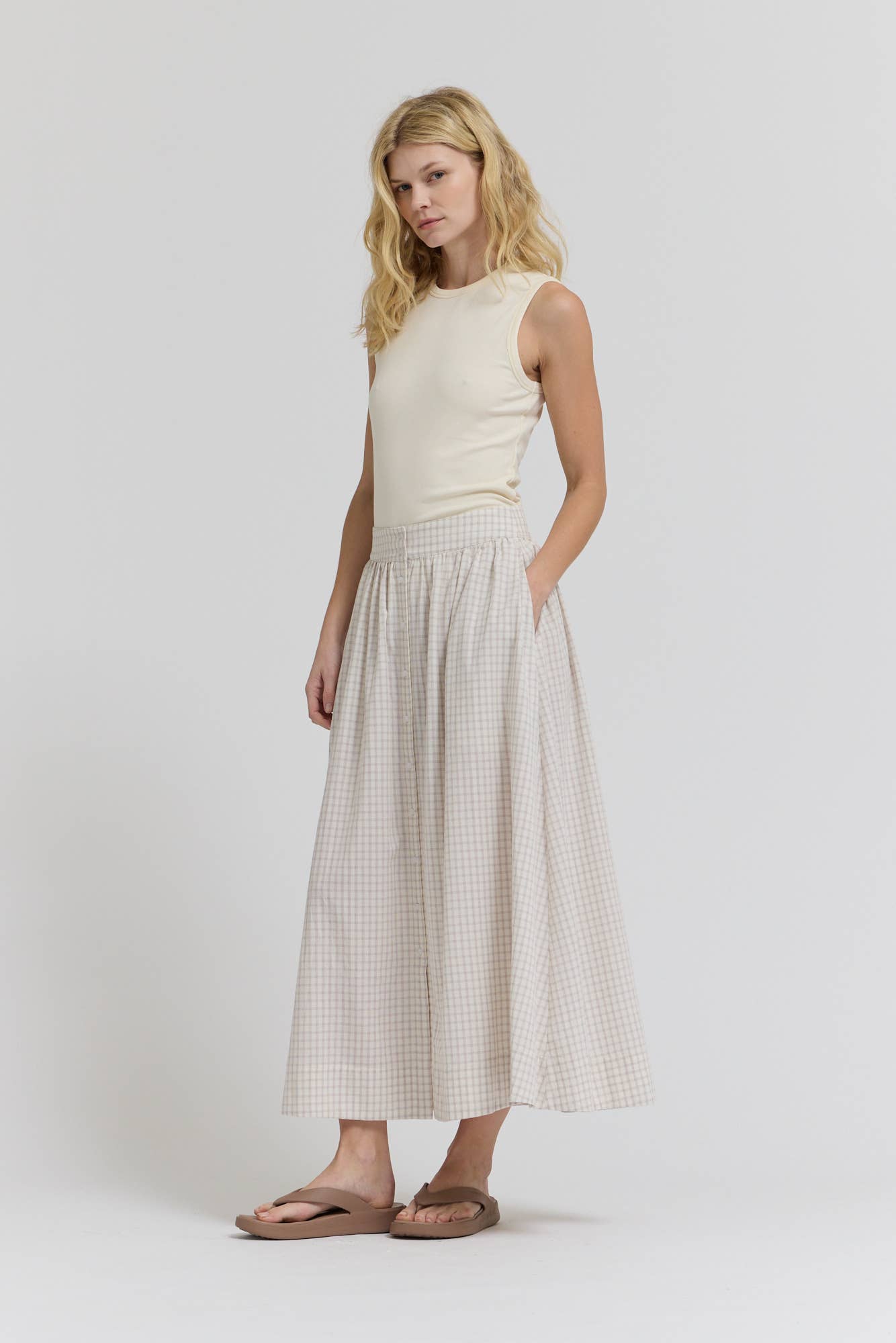 Plaid Button Trim Midi Skirt