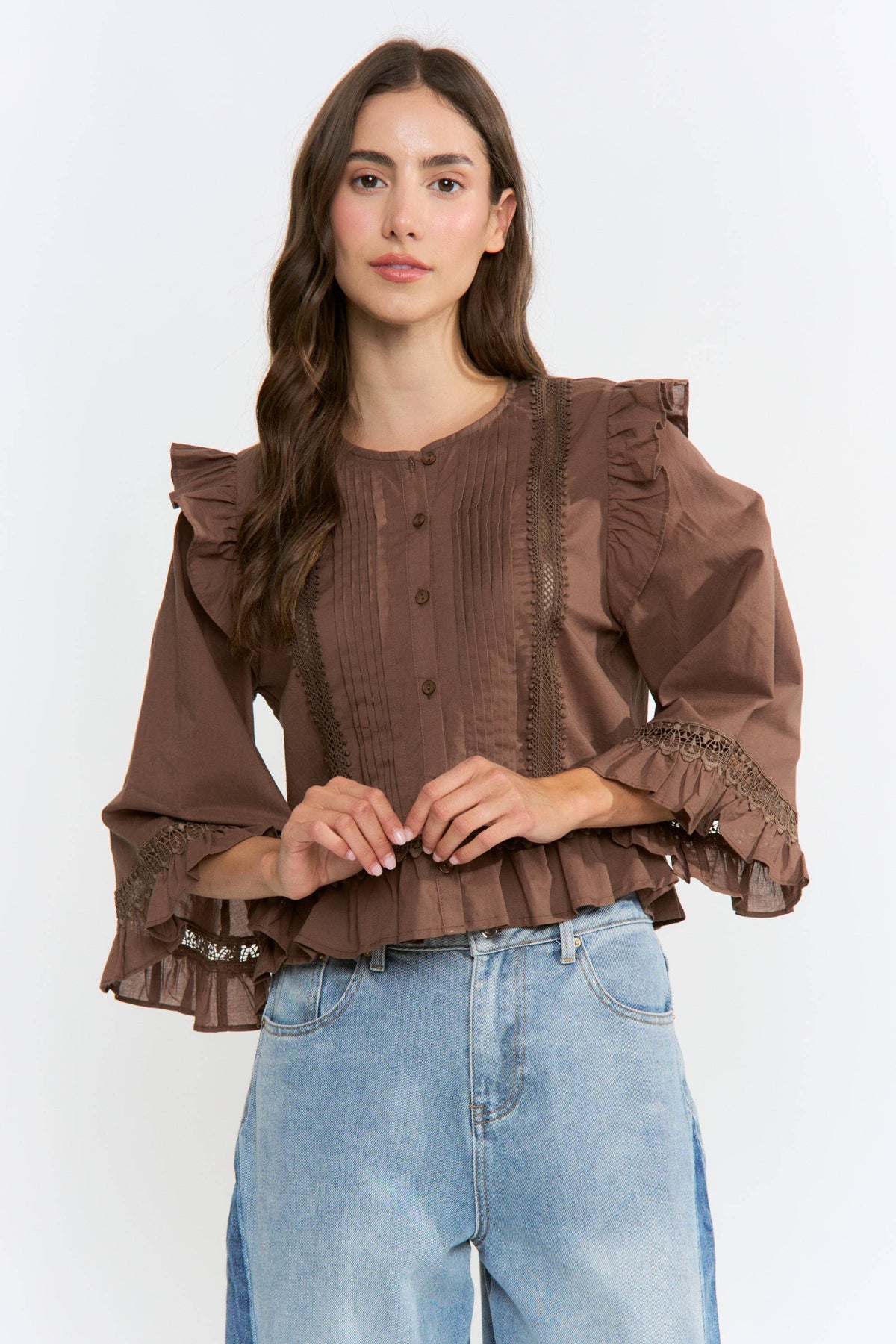 Ruffle Blouse with Lace Trim