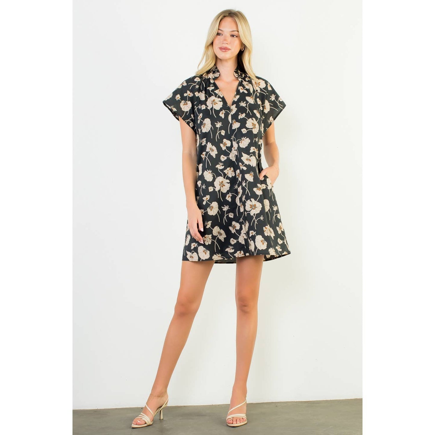 Floral V-Neck Dress- Black
