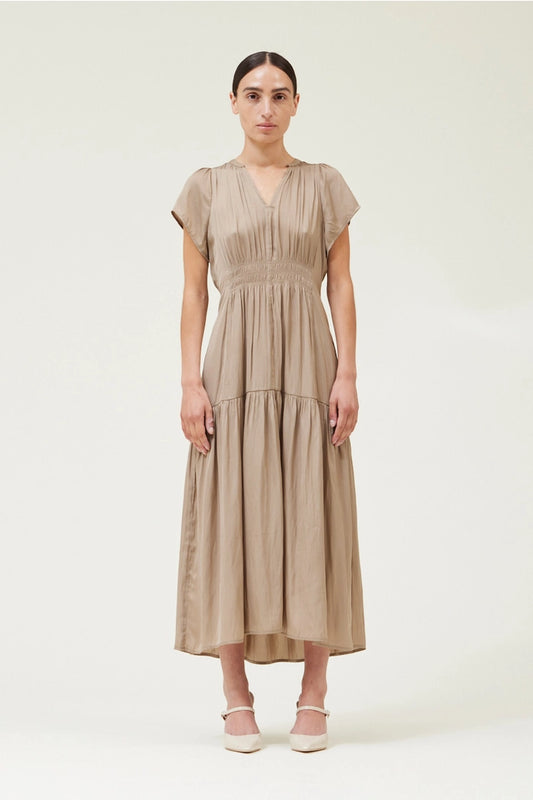 Riley Ruffle Satin Midi Dress- Taupe