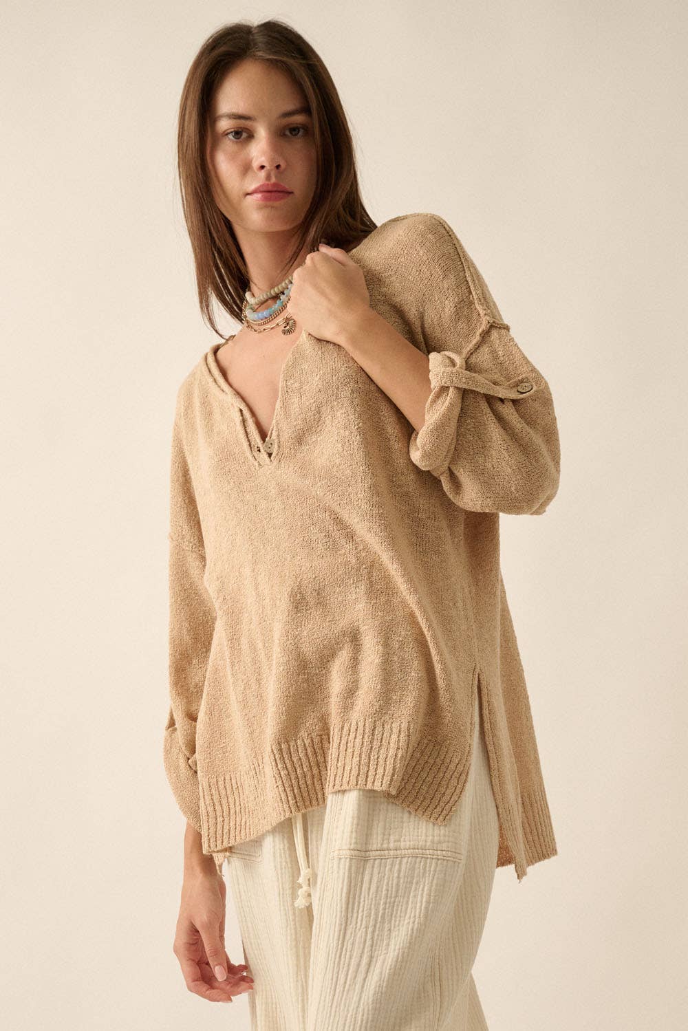 Henley Oversized Sweater - Sand