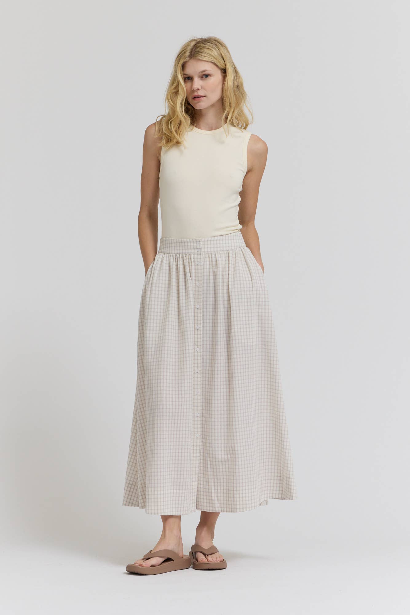 Plaid Button Trim Midi Skirt