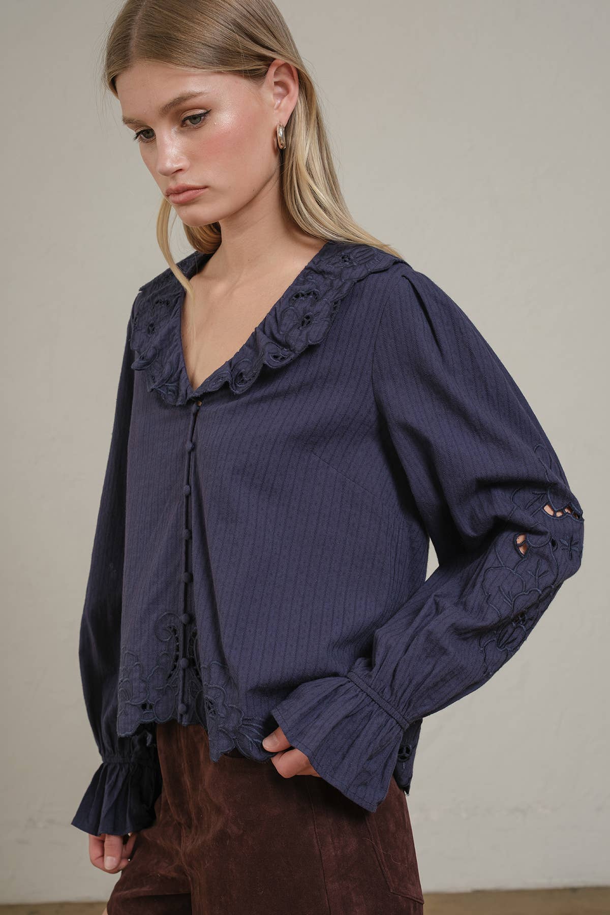 Embroidered Eyelet Collar Blouse