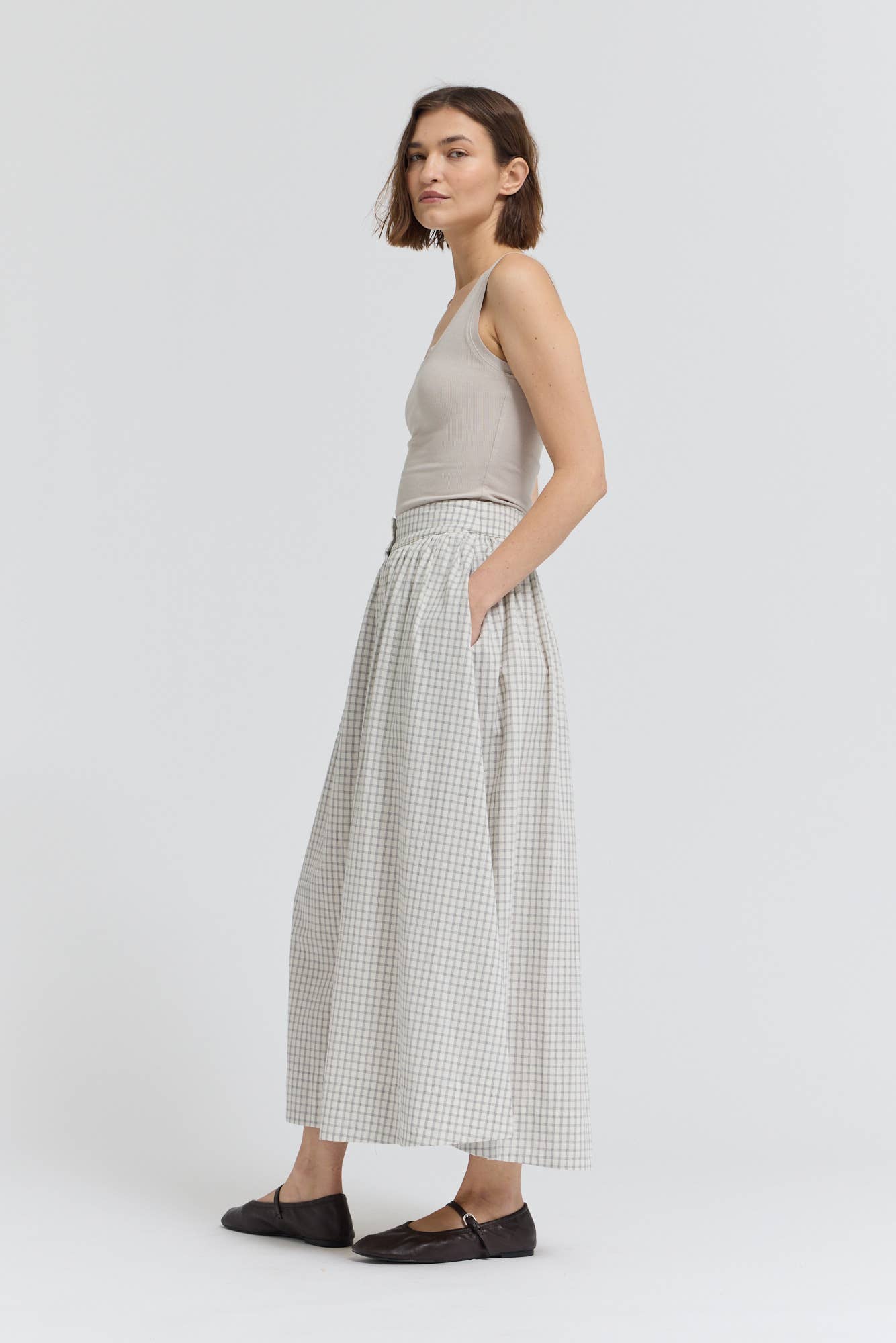 Plaid Button Trim Midi Skirt