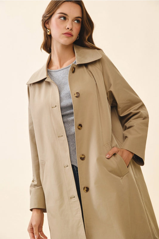 Longline Spread Collar Front Button Trench Coat