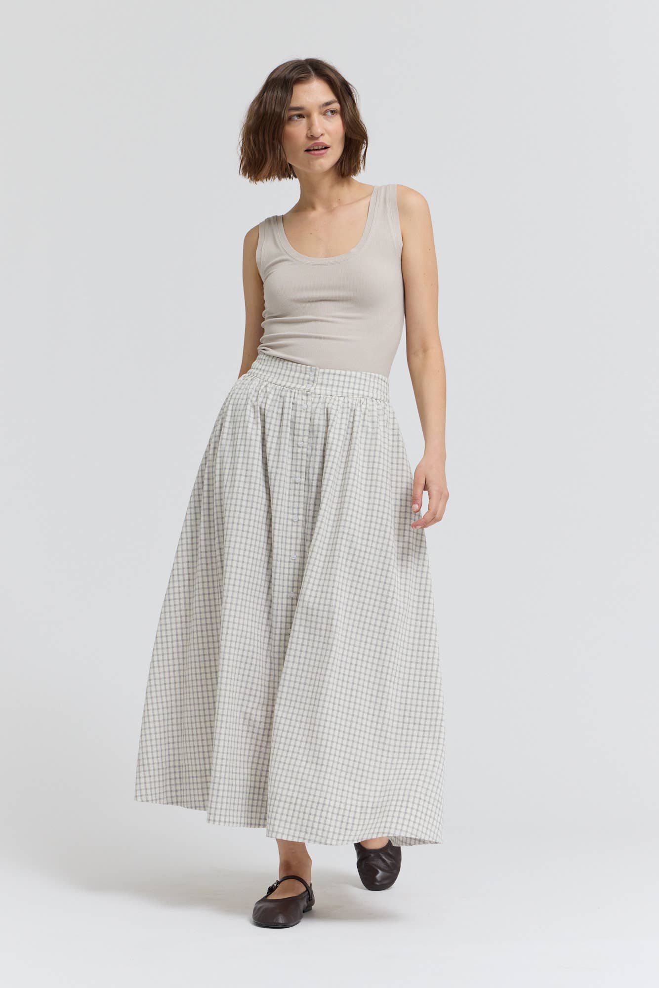 Plaid Button Trim Midi Skirt