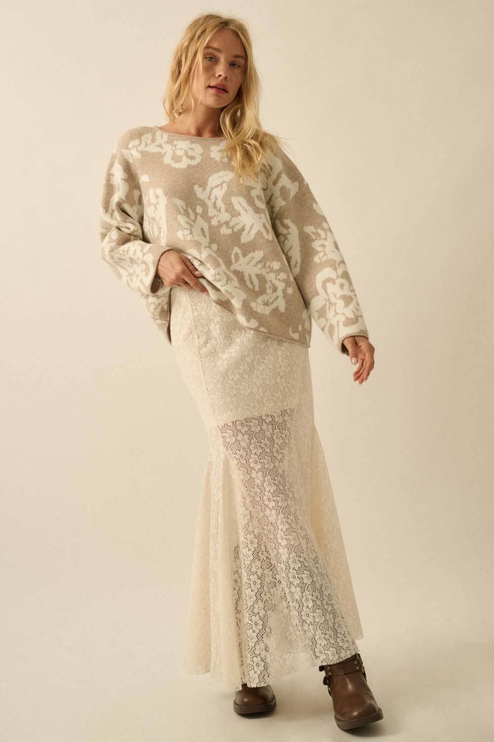 Floral Knit Sweater - Sand