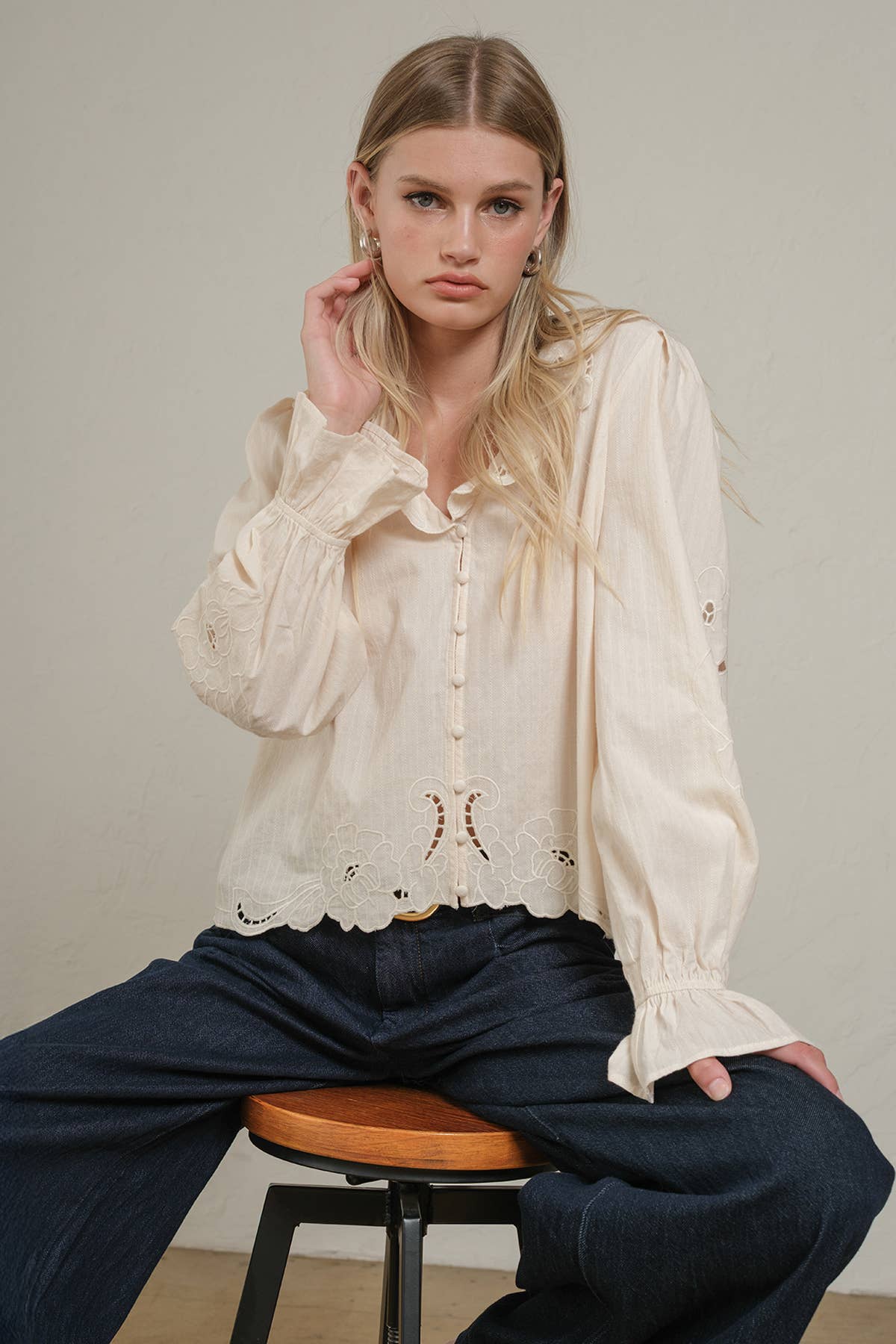 Embroidered Eyelet Collar Blouse