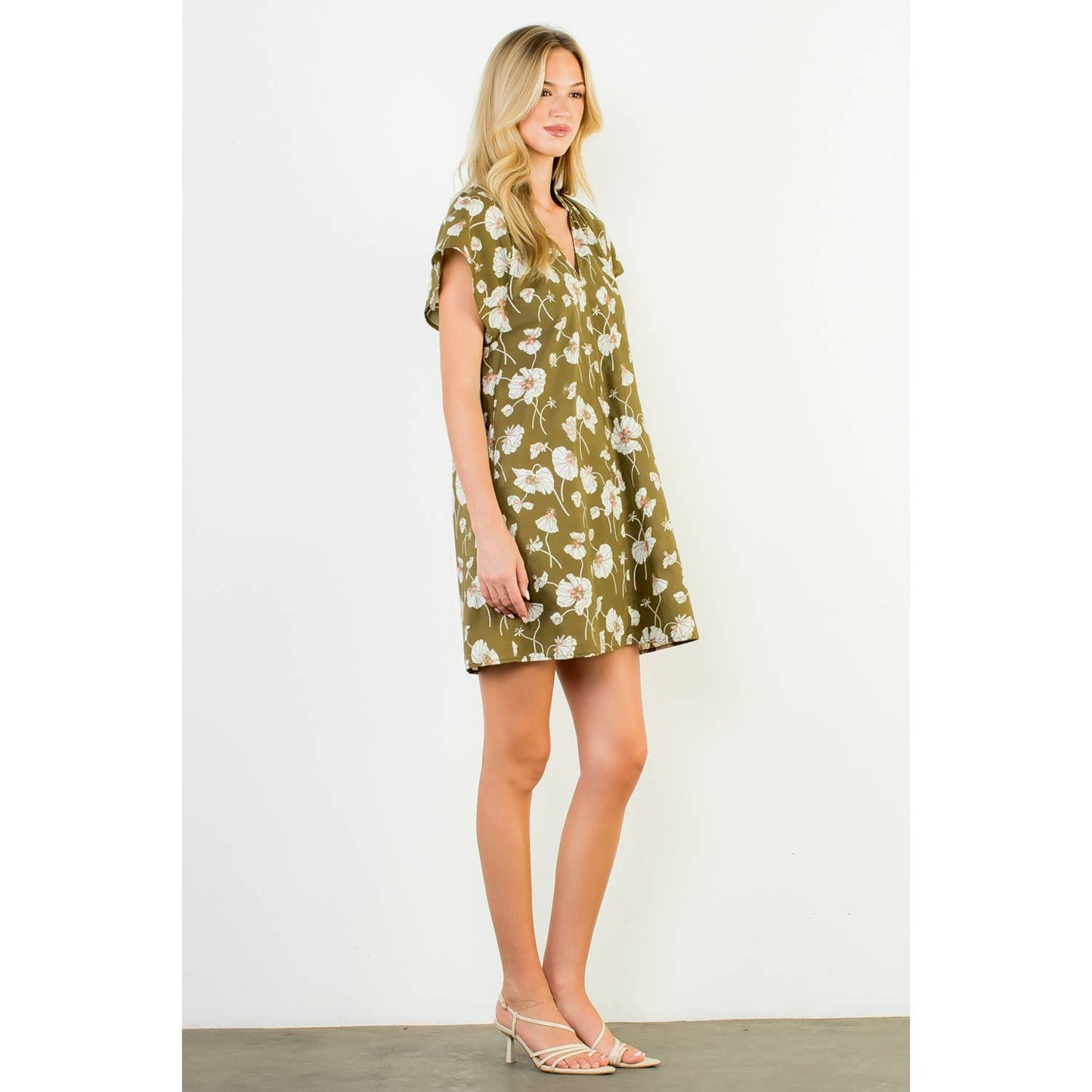 Floral V-Neck Dress- Olive