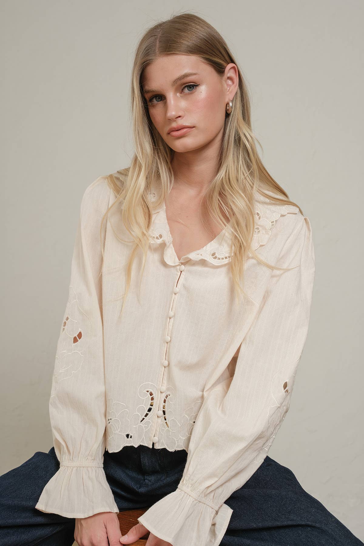 Embroidered Eyelet Collar Blouse