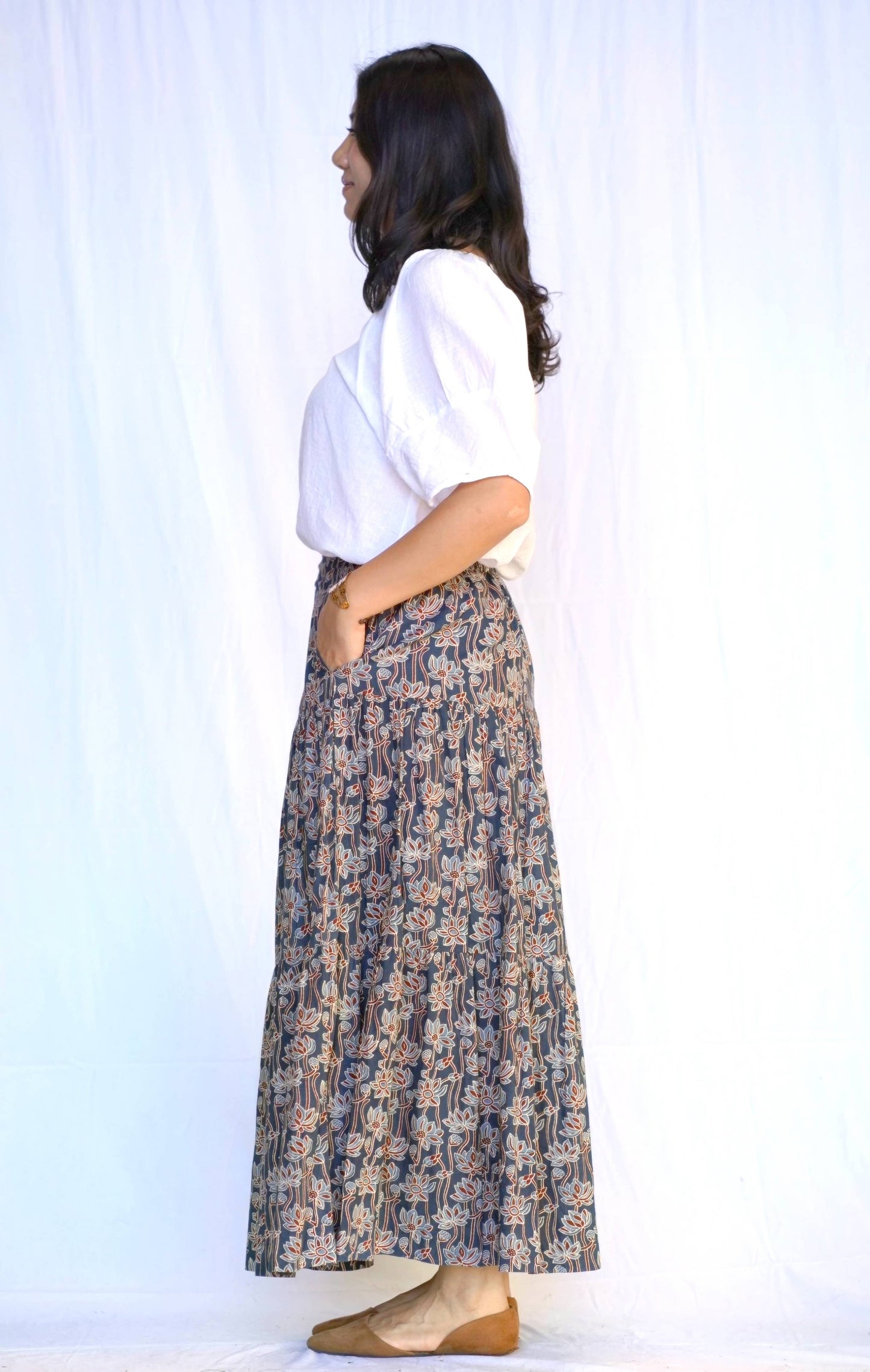 Printed Cotton Skirt in Indigo